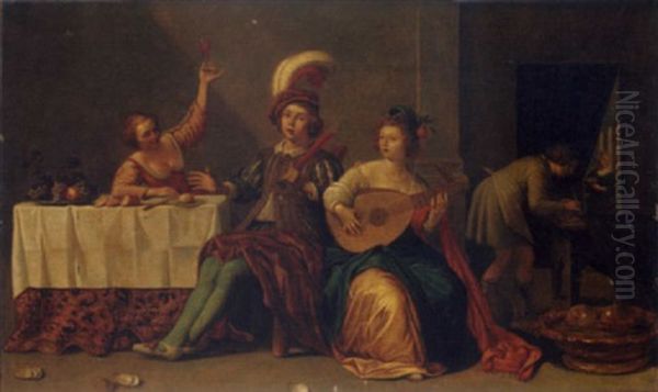 An Elegant Company Playing Music And Merrymaking In An Interior Oil Painting by Jan Van Bijlert