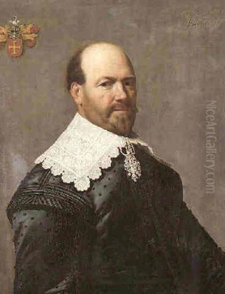 Portrait Of A Gentleman Of The Van Wevell Family Of Overyssel, Gelderland, Wearing A Black Jacket And Lace Collar Oil Painting by Jan Van Bijlert