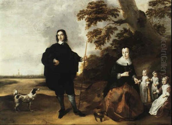 A Group Portrait Of A Family Seated Beneath A Tree With A View Of Utrecht Beyond Oil Painting by Jan Van Bijlert