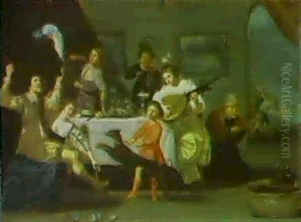 Figures At A Table In An Interior Oil Painting by Jan Van Bijlert