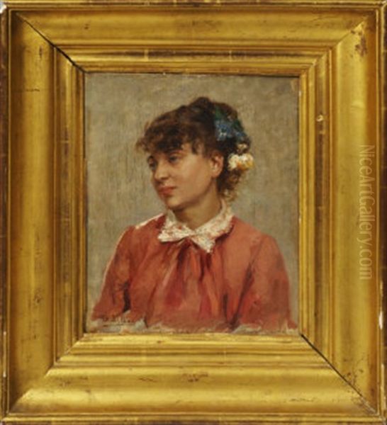 Portrait Of A Girl, Quarter-length Turned To The Left In A Pink Dress Oil Painting by Gonzalo Bilbao Martinez