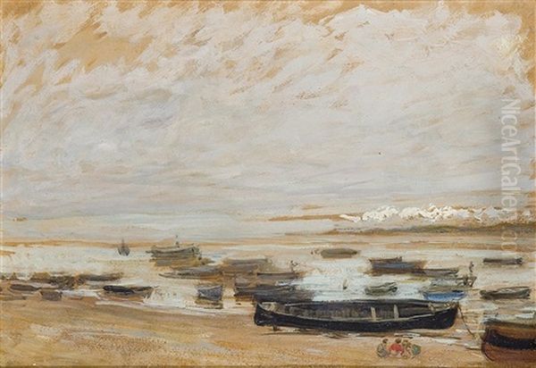 Barcas En La Playa De San Lucar De Barrameda Oil Painting by Gonzalo Bilbao Martinez