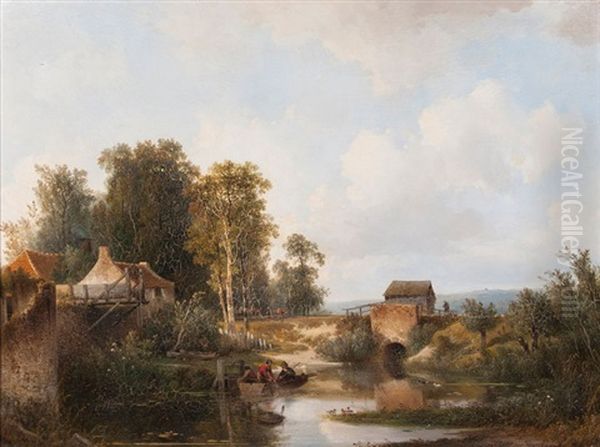 Landschaft Mit Fischern Auf Einem Teich Oil Painting by Johannes Wernardus Bilbers