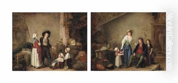 A Couple With A Boy Pushing A Girl In A Cart, In An Interior; And A Man Returning From The Hunt With A Mother And Her Children, In An Interior Oil Painting by Marc Antoine Bilcoq