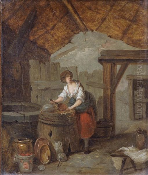 A Kitchen Interior With A Young Woman Cleaning Copper Pans; And A Kitchen Interior With A Young Woman Holding A Basket (2) Oil Painting by Marc Antoine Bilcoq