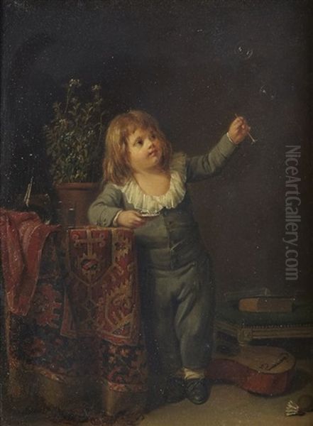 Un Enfant Qui Joue Avec Des Bulles De Savon Oil Painting by Marc Antoine Bilcoq