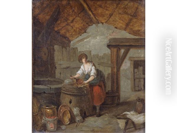 A Kitchen Interior With A Young Woman Cleaning Copper Pans (+ And A Kitchen Interior With A Young Woman Holding A Basket; Pair) Oil Painting by Marc Antoine Bilcoq