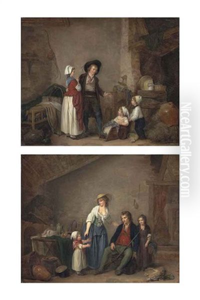 A Couple With A Boy Pushing A Girl In A Cart, In An Interior And A Man Returning From The Hunt With A Mother And Her Children, In An Interior (pair) Oil Painting by Marc Antoine Bilcoq