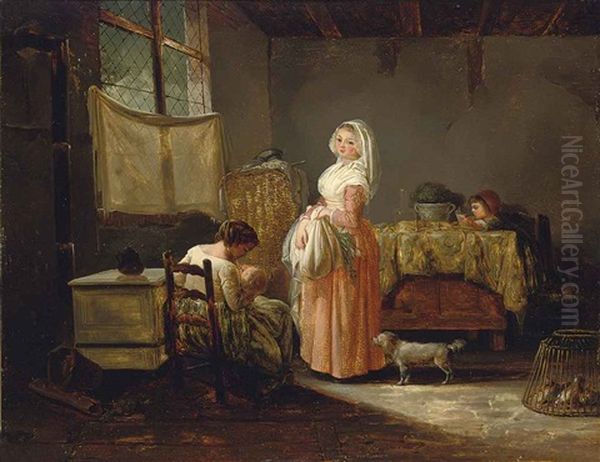 Women And Children In A Kitchen Interior Oil Painting by Marc Antoine Bilcoq