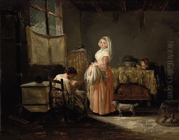 Women And Children In A Kitchen Interior Oil Painting by Marc Antoine Bilcoq