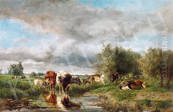 Cows Grazing Oil Painting by Albertus Gerardus Bilders