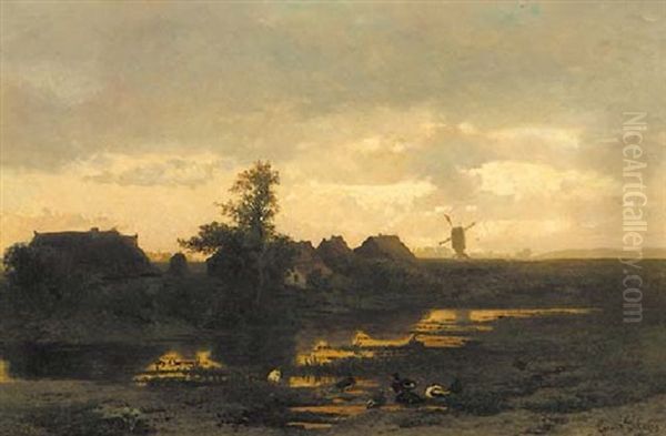 Avondlandschap: Farmhouses Along A Pool At Dusk And A Windmill In The Distance Oil Painting by Albertus Gerardus Bilders