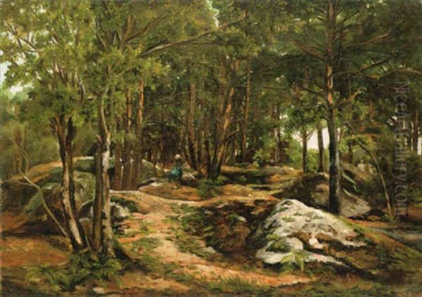 A Woman In A Forest Oil Painting by Albertus Gerardus Bilders