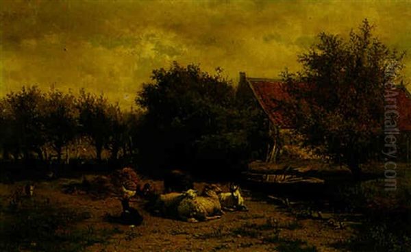 A Dutch Farm With Sheep, Goats And Poultry Oil Painting by Albertus Gerardus Bilders