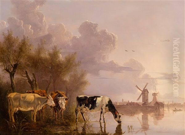 Cows On The River Side After A Summer Downpour Oil Painting by Gerard Bilders