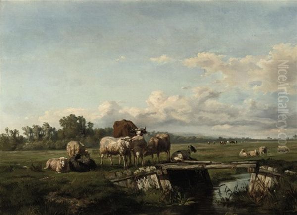 Cattle In The Meadow Oil Painting by Gerard Bilders