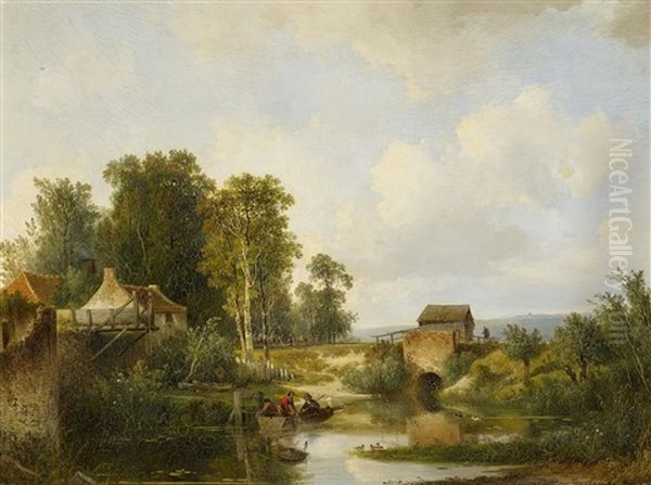 Fischer Auf Dem Muhlteich Oil Painting by Johannes Warnardus Bilders