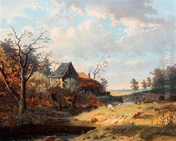 Visser Bij Een Stroompje Aan De Watermolen Oil Painting by Johannes Warnardus Bilders