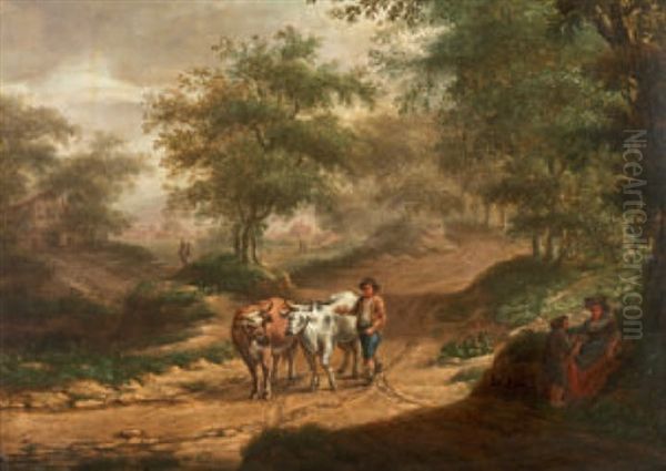 Bewaldete Landschaft Mit Bauer Und Kuhen Oil Painting by Johannes Warnardus Bilders