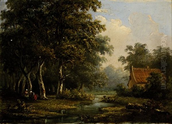 Figures Near A House Next To A Ditch Oil Painting by Johannes Warnardus Bilders