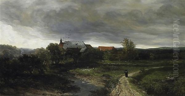 Eine Alte Klosteranlage In Weiter Waldlandschaft. Auf Dem Weg Zwei Monche Oil Painting by Johannes Warnardus Bilders