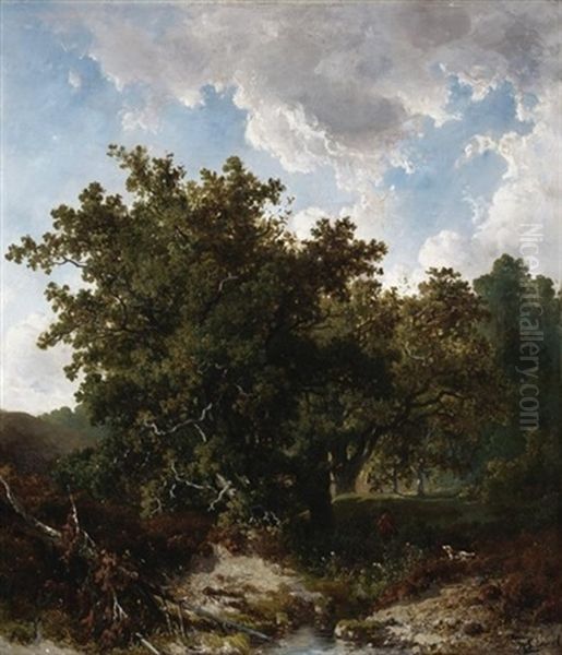 Sommerliche Waldlandschaft Mit Jager Und Hund Oil Painting by Johannes Warnardus Bilders