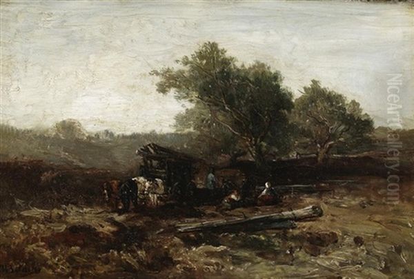 Vesperzeit. Rastende Bauern Bei Einem Vierspanner Am Waldesrand Oil Painting by Johannes Warnardus Bilders