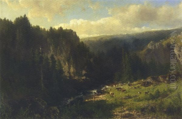 Cattle By A Stream In A Mountainous Landscape Oil Painting by Johannes Warnardus Bilders