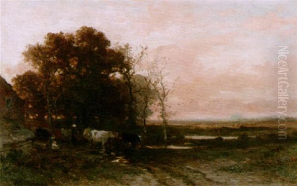 A Cowherd With Her Cattle At Dusk Oil Painting by Johannes Warnardus Bilders