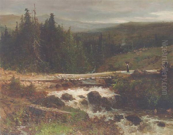 A Hilly Landscape With A Bridge Over A Cascade Oil Painting by Johannes Warnardus Bilders