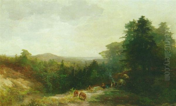 A Wooded Landscape With Travellers By A Stream Oil Painting by Johannes Warnardus Bilders