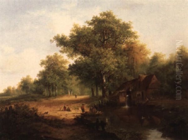 A Summer Landscape With Figures By A Watermill Oil Painting by Johannes Warnardus Bilders