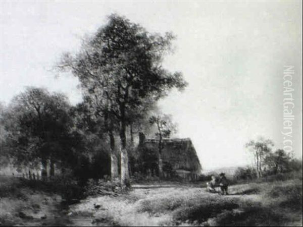 Wooded Landscape With Figures By A Cottage Oil Painting by Johannes Warnardus Bilders