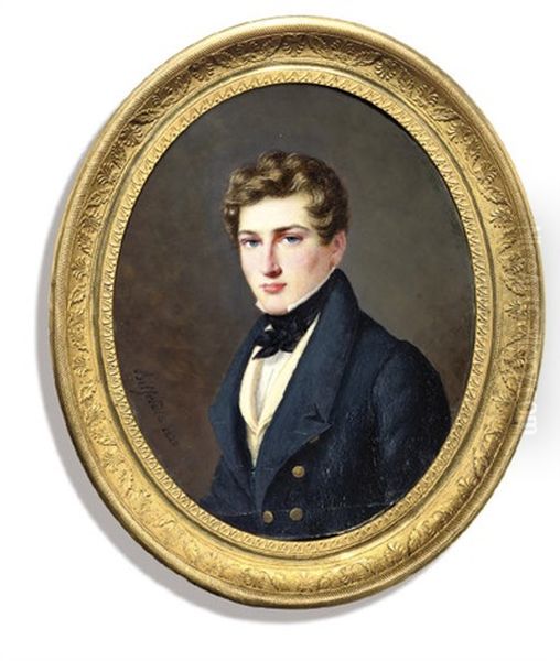 A Young Gentleman, In Blue Coat With Gilt Buttons, Pale Yellow Waistcoat And Tied Black Cravat Oil Painting by John Joseph Bilfeldt