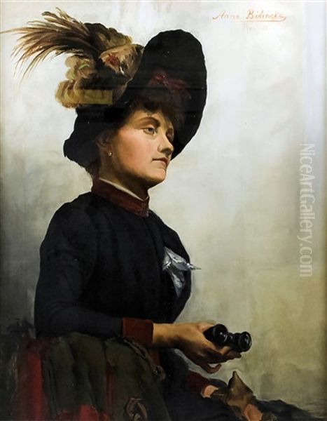 Seated Half Length Portrait Of A Woman Wearing A Wide Brimmed And Feather Lined Hat And Holding Binoculars In Her Right Hand Oil Painting by Anna Bilinska-Bohdanowicz