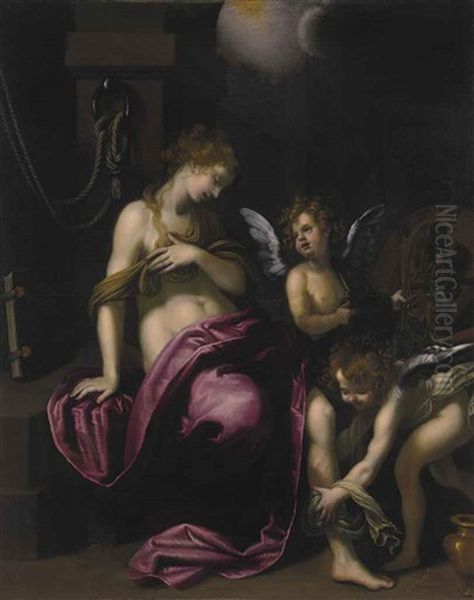 Saint Catherine Of Alexandria With Two Angels Oil Painting by Giovanni Bilivert