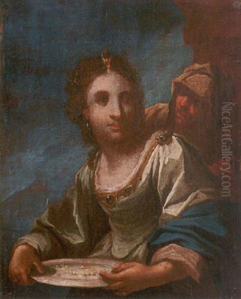 A Maiden Holding A Pearl Necklace On A Salver, Her Attendant Beside Her Oil Painting by Giovanni Bilivert