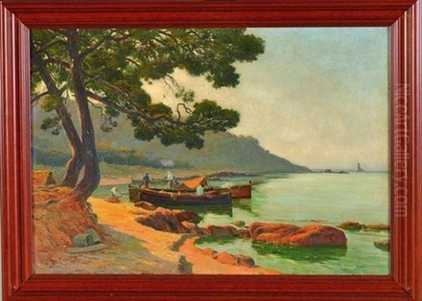 Barques Dans Une Calanque En Mediterranee Oil Painting by Louis-Lina Bill