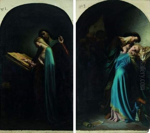 Abelard Instruisant Heloise (+ Abelard Et Heloise Surpris Par Fulbert; 2 Works) Oil Painting by Leon Marie Joseph Billardet