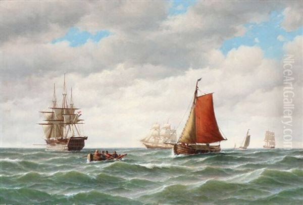 Seascape With A Dutch Warship, Sailing Ships And A Fishing Boat Oil Painting by Carl Ludwig Bille