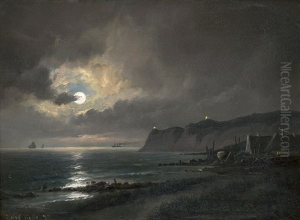 Meeresufer Mit Schiffen Und Hausern Bei Vollmond Oil Painting by Carl Ludwig Bille