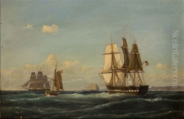 A Frigate Of The U.s. Navy Hove To Off The Danish Coast Oil Painting by Carl Ludwig Bille