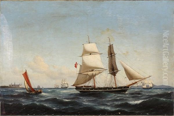 Ships Off The Coast Of Kronborg, Elsinore Oil Painting by Carl Ludwig Bille