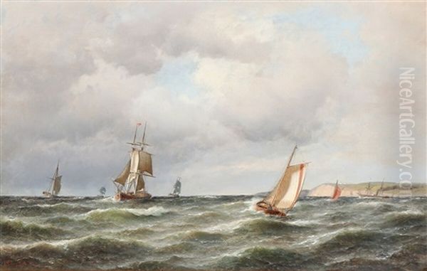 Sailing Ships On The Sea Underneath A Grey Sky Oil Painting by Carl Ludwig Bille