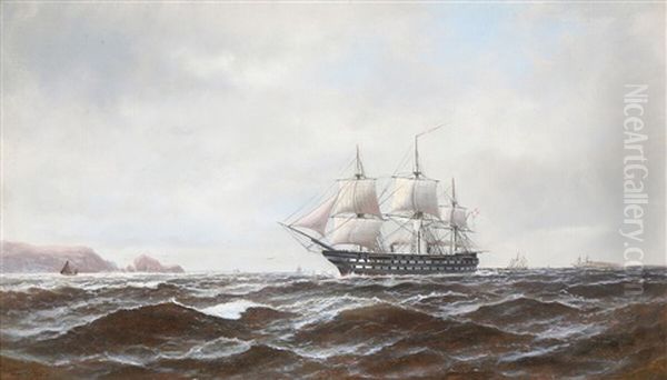 A Danish Ship Of The Line Along A Rocky Coastline Oil Painting by Carl Ludwig Bille