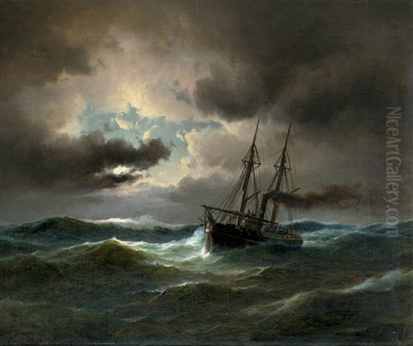 Zweimaster In Sturmischer See Bei Gewitter Oil Painting by Carl Ludwig Bille