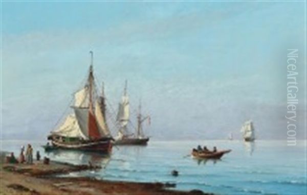 Coastal Scape With Anchoring Boats And People On The Beach by Carl Ludwig Bille