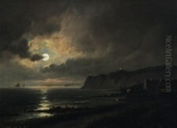 Coastal Scenery In The Moonlight Oil Painting by Carl Ludwig Bille