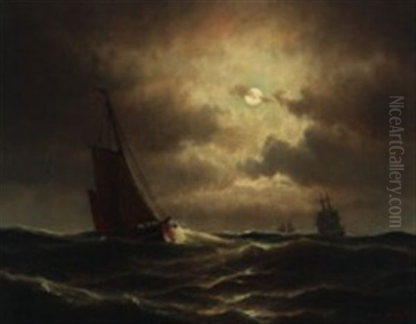 A Dutch Fishing Boat In The North Sea In Moonlight Oil Painting by Carl Ludwig Bille