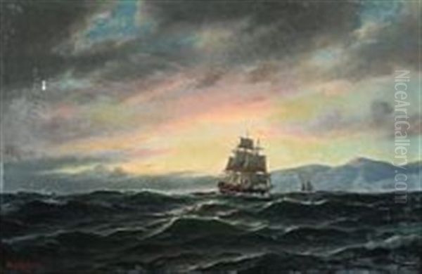 A Three-masted Fullrigged Sailing Ship In Rough Seas Oil Painting by Carl Ludwig Bille